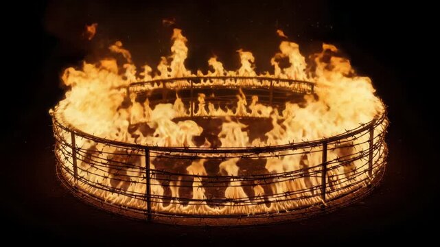 Barbed Wire Circle Engulfed in Intense Flames at Night