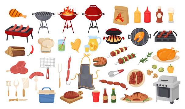 Barbecue party essentials. Grilled meat. Barbeque picnic. Outdoor cooking ingredients. Sausages and steaks. Vegetable pieces. Sauce ketchup. Fish preparation. BBQ isolated elements set