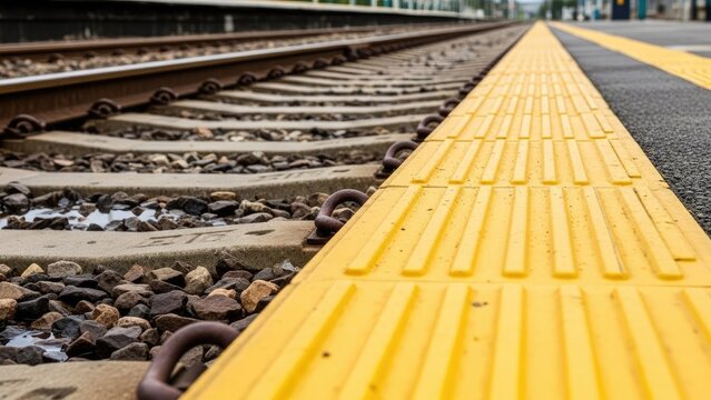 Close up of railway tracks and platform with yellow safety markers