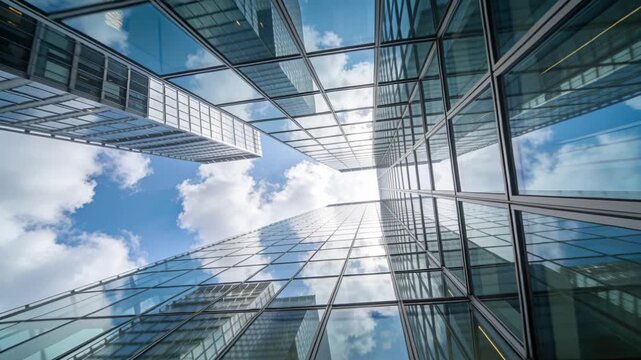 Tilting camera showing converging glass walls and mullions in city gap, mirroring clouds for scale