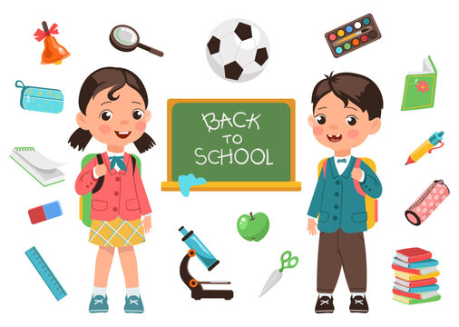 Back to school themed elements. Cute schoolboys and schoolgirls in uniforms with backpacks. Cartoon style learning supplies. Classroom blackboard. Pupils studying. Educational vector set
