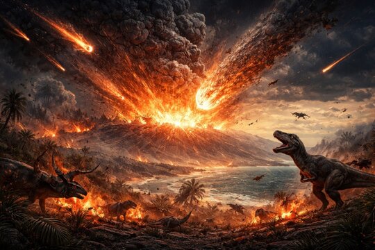 Dinosaur extinction scene with asteroid impact, fire, lava, chaos, dramatic sky and destruction