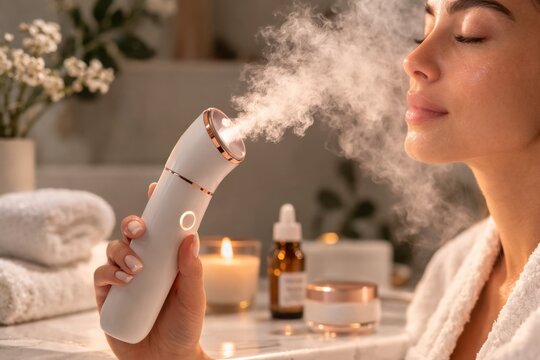 Facial steamer device emits warm mist onto skin for deep hydration relaxing home spa routine care