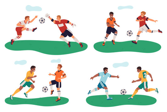 Athletes in uniform playing soccer. Footballers in action. Sports attack and in defense. Football match. Soccer players. Team competition. Sportsmen training. Dynamic poses vector set