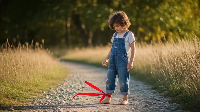 Child with red ribbon tied to ankle on gravel path in nature