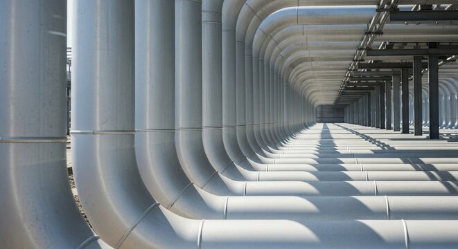 Industrial metal pipes form a repeating, curved tunnel structure with light and shadow patterns