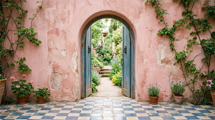 Obraz premium Enchanting Garden Entrance with Archway and Lush Greenery.