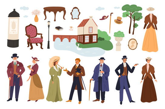 Accessories of men and women. European fashion. Gentleman or lady outfit. Aristocrats in Victorian attire. 19th century apparel. Couple walk in park. Old furniture. Vintage items vector set