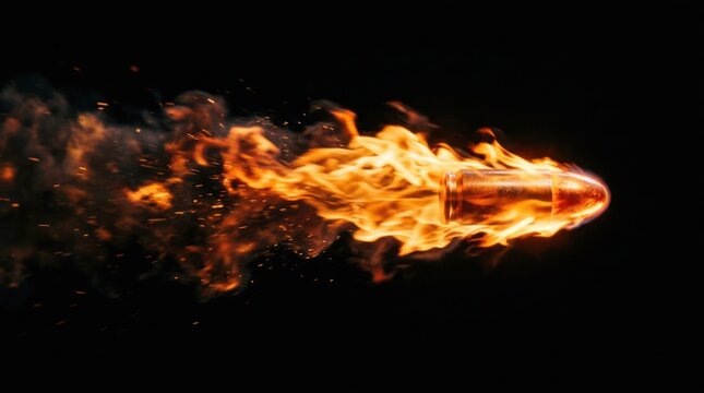 Fiery Bullet in Motion with Smoke Trails Against Black Background.