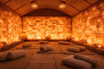 Relaxing salt spa room with glowing walls cushions and wellness atmosphere for meditation therapy