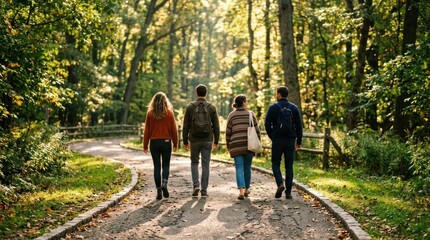 Obraz premium Four friends walking on a sundappled forest path during autumn.