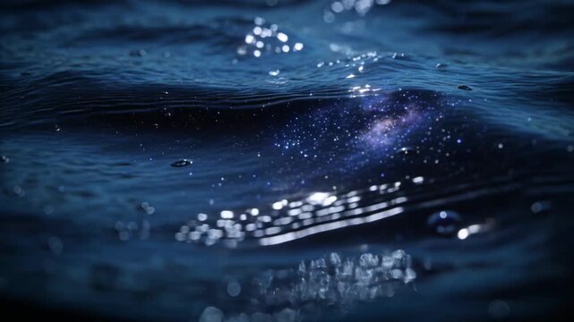 Shimmering dark water surface responding to distant light, revealing ripples at night with glints