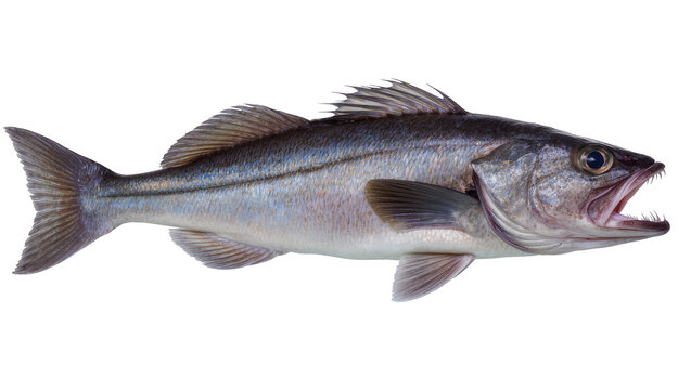 Isolated predatory fish, detailed shot of its open mouth with sharp teeth, gleaming scales