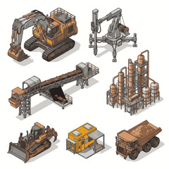 Isometric industrial machinery and equipment collection, including excavator, drill rig, conveyor, refinery, bulldozer, and dump truck. © bi