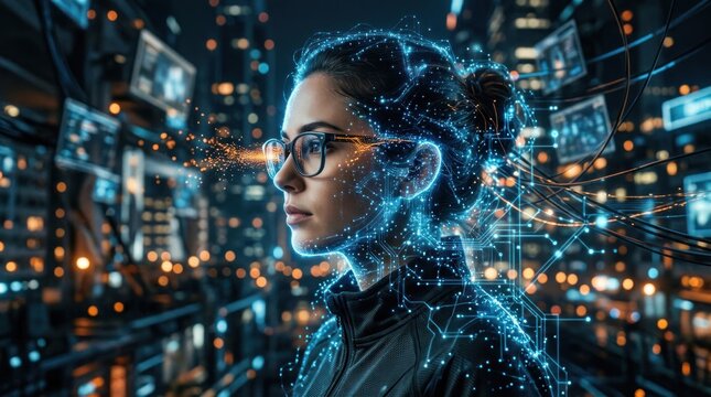 Futuristic Woman with Digital Network Overlay in Neon Cityscape.