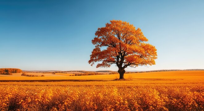 Vibrant orange and golden hues spread across sprawling rural fields, bathed in the brilliant light of a clear blue sky during autumn season, vista, background, glowing