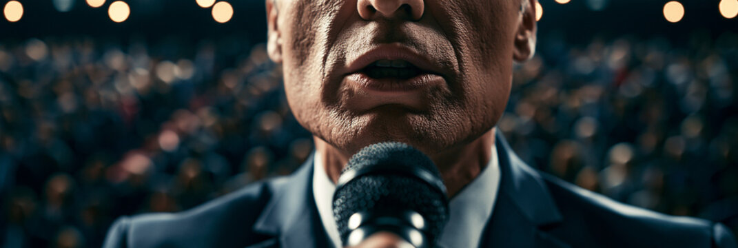 Primer plano de un pol&iacute;tico o l&iacute;der de negocios hablando por micr&oacute;fono ante una audiencia. Concepto de discurso p&uacute;blico y liderazgo. Banner web panor&aacute;mico.