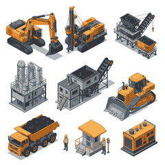 Collection of isometric construction and mining heavy machinery and industrial buildings. © bi