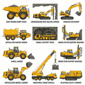 Collection of various yellow construction and mining heavy machinery vehicles and equipment.