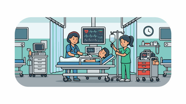 Hospital room with two nurses and a patient on the bed