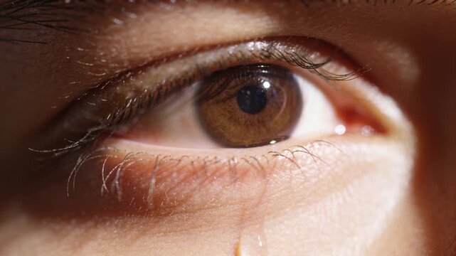 Forming tear bead on brown eye lower eyelid in studio close-up, tear sliding downward from gravity
