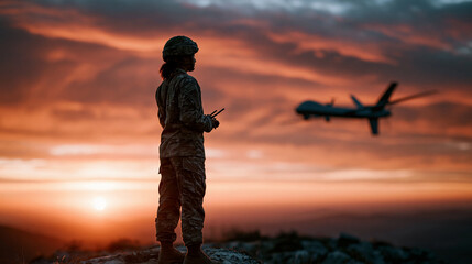 Naklejka premium Raw photorealistic defense tribute at dusk, dramatic close framing of a female soldier silhouette on a rocky elevated position, standing upright holding a drone controller pressed