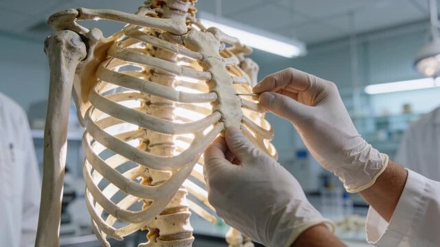 Hands entering, teacher in lab coat, gloves adjusting skeleton ribs at anatomy lab for teaching