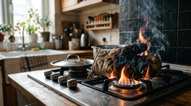Kitchen Stove Fire Danger Unattended Cooking Hazard.