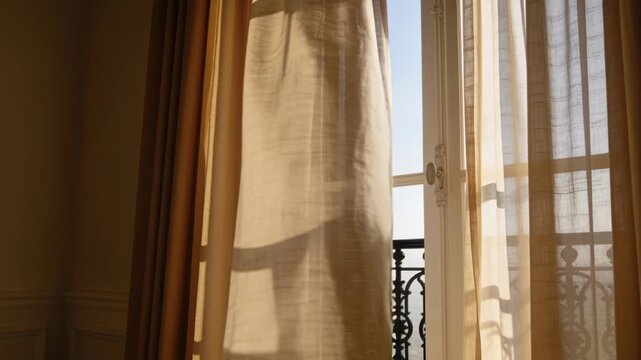 Billowing sheer curtain and thick drape swaying inward through open French door casting iron shadow