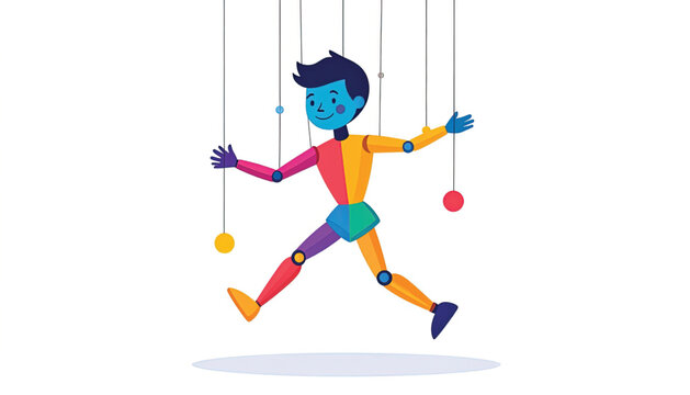 Colorful puppet on strings dancing freely.