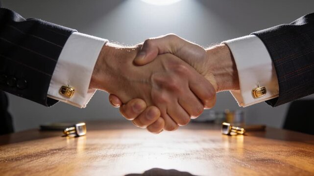 Shaking two partners in suits after agreement, clasping hands at meeting table with gold cufflinks
