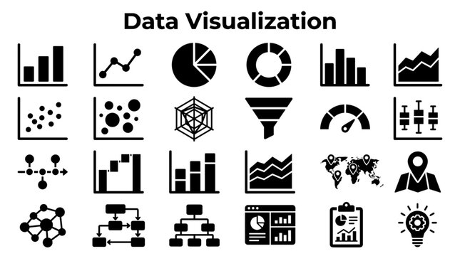 Collection of diverse data visualization icons and charts representing analytics and business intelligence concepts
