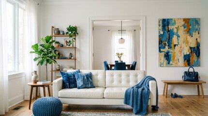 Fototapeta premium Modern Living Room with Blue Accents and Abstract Art.