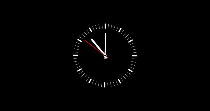 Hand clock spinning watch animation on a transparent background with alpha channel. Clock icon flat style 12 hours clock dial time lapse animation