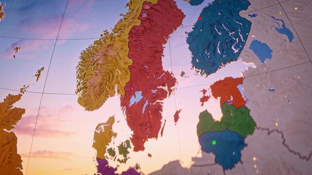 Playback starting, camera tilting and panning over stylized 3D map at studio, revealing markers