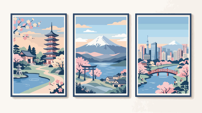 Three framed wall art prints displaying beautiful traditional japanese pagoda landscapes mount fuji vistas and modern tokyo city skyline scenes