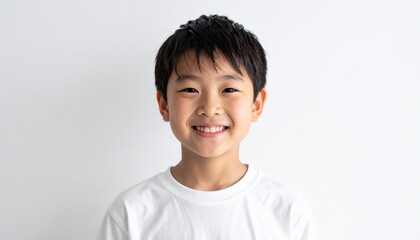 Naklejka premium 白い背景で幸せそうに笑う10歳くらいの日本人の男の子のポートレート（子供・明るい笑顔）, Portrait of a happy smiling Japanese boy 