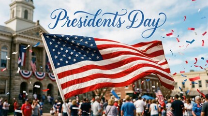 Presidents Day Celebration with American Flag and Confetti.