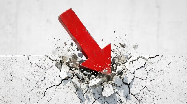 Red Arrow Crashing Through Concrete Wall Symbolizing Financial Crisis.