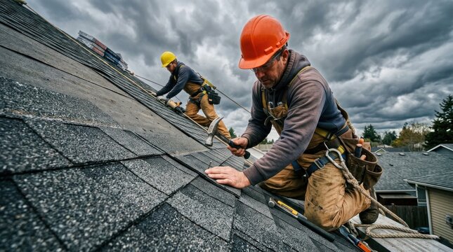 Roofers Working on Shingle Roof Under Dramatic Cloudy Sky.