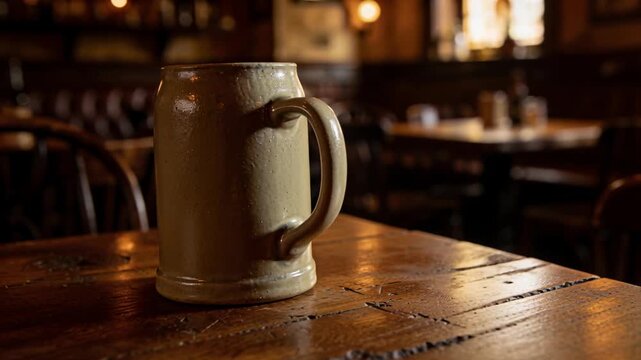 Panning camera showing ceramic beer stein clearer on worn wooden pub table, revealing handle