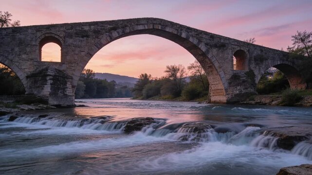 Flowing river pouring over low cascades beneath stone arch bridge at dusk, driven by upstream flow