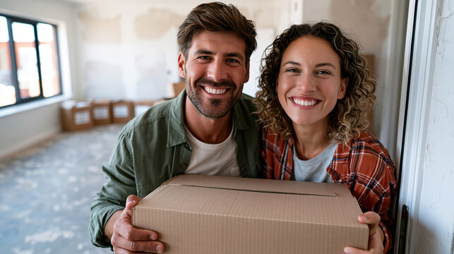 A realistic commercial stock photo of a young couple carrying a large cardboard box together through the doorway of a bright unfurnished apartment, both smiling with effort and exc