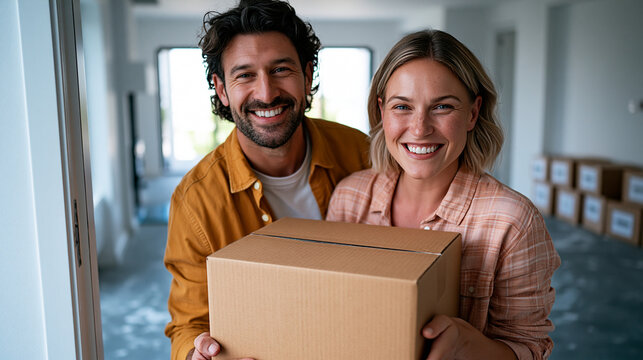 A realistic commercial stock photo of a young couple carrying a large cardboard box together through the doorway of a bright unfurnished apartment, both smiling with effort and exc