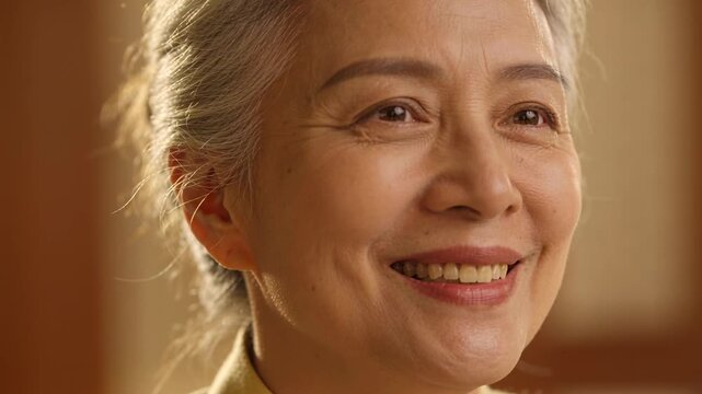 Camera filming senior woman shifting neutral face to bright smile in warm room, light top, bun