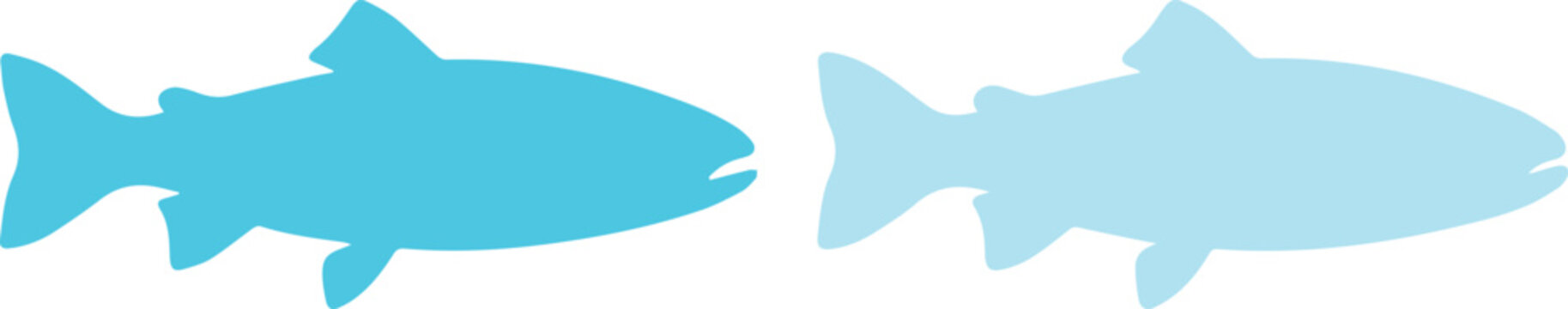 Minimalist salmon fish silhouettes, blue trout vector shapes on white background, aquatic animal icons for fishing and seafood branding