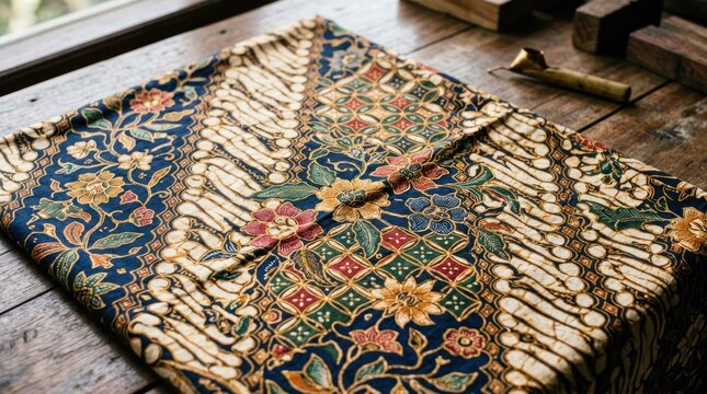 Traditional Indonesian Batik Fabric with Intricate Floral Patterns.
