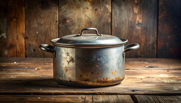 Old cooking pot on wooden surface rustic still life composition