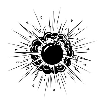 Exploding bomb illustration with radiating lines and smoke clouds black and white vector graphic