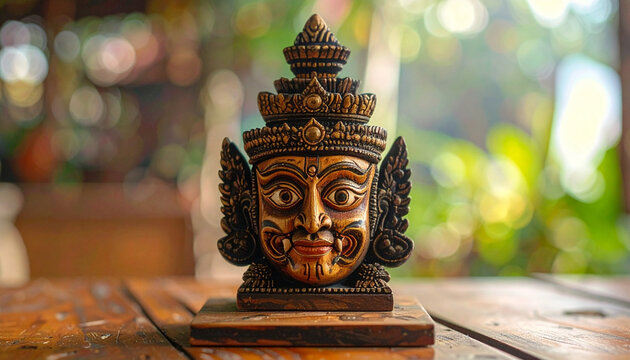 Ornate decorative head sculpture on wooden surface with blurred background